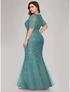 Mermaid / Trumpet Evening Gown Plus Size Dress Formal Evening Floor Length Short Sleeve Jewel Neck Fall Wedding Guest Tulle Ladder Back with Sequin Appliques