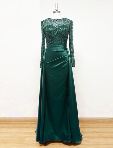 Meerjungfrau/Trompete Abendkleid Sparkle &amp; Shine Kleid Karneval Maskerade Bodenlang Langarm Illusion Hals Herbst Hochzeit Empfang Satin mit Perlen Überrock