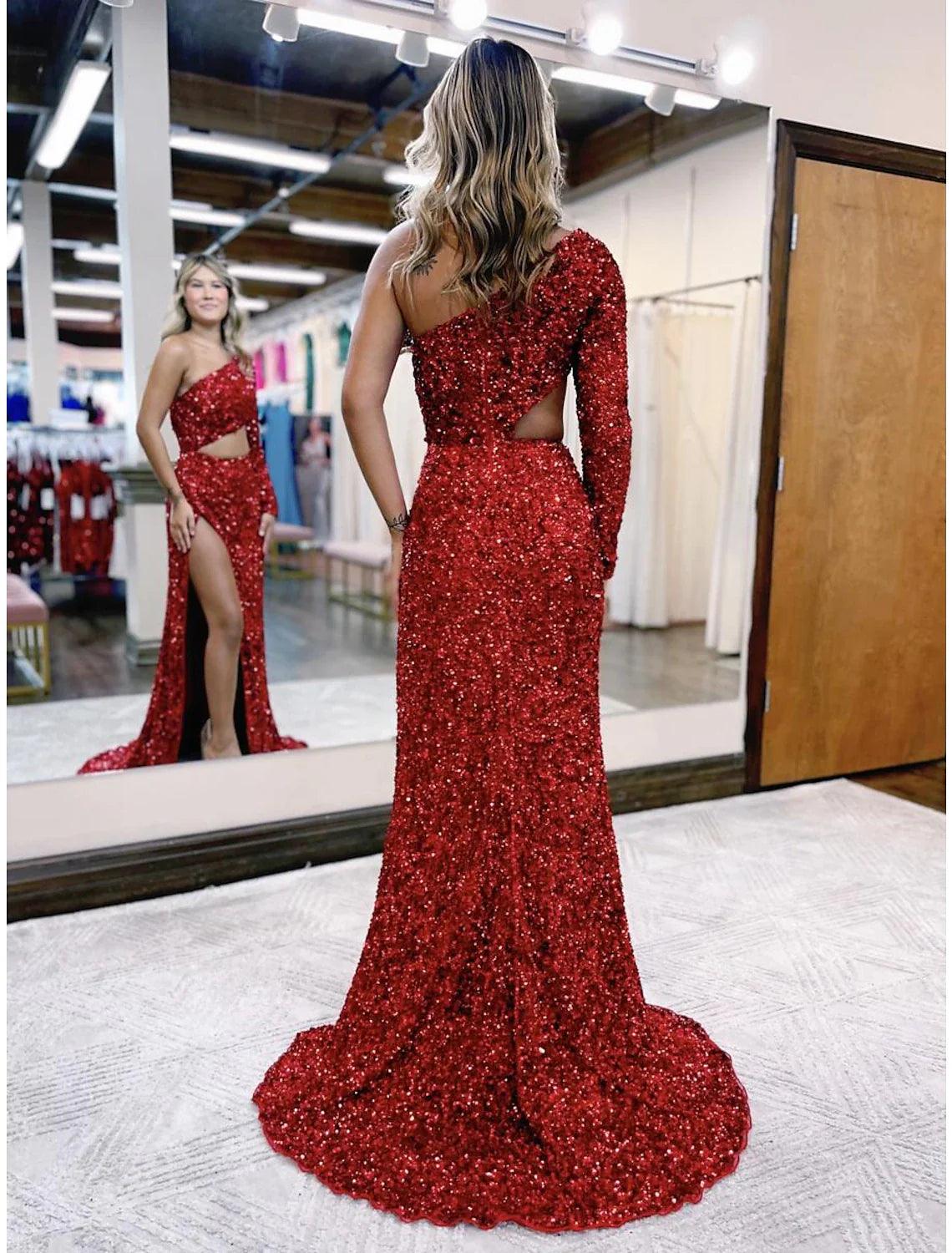 Vestidos de fiesta de sirena/trompeta con brillo y destellos, vestido formal para boda, fiesta, cola de corte, manga larga, un hombro, lentejuelas, espalda descubierta con abertura de lentejuelas
