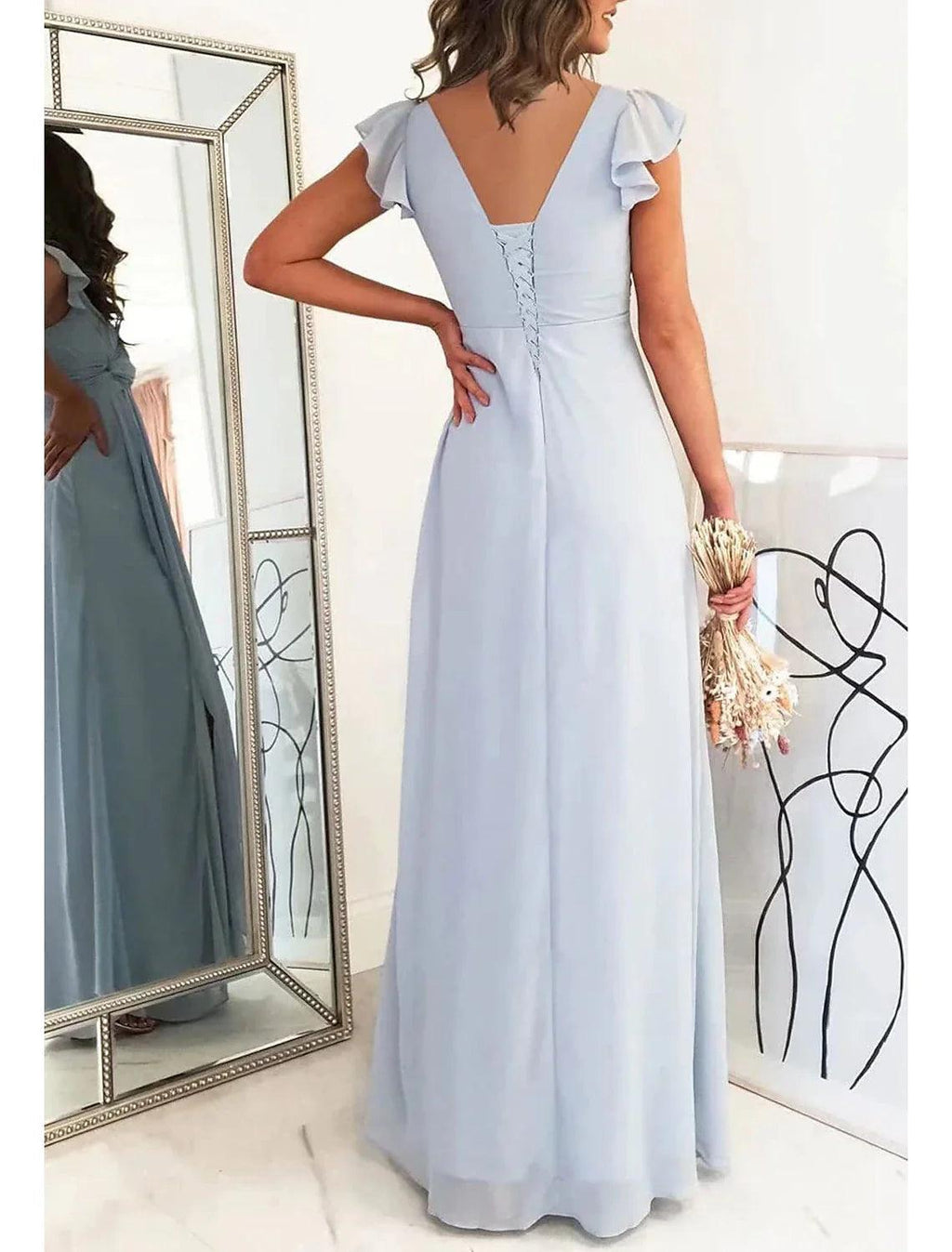 Vestido de dama de honor largo de gasa con escote en V y mangas con volantes, corte imperio, formal, con bolsillos