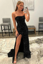 Vestido de fiesta sirena sin tirantes con lentejuelas largo con abertura