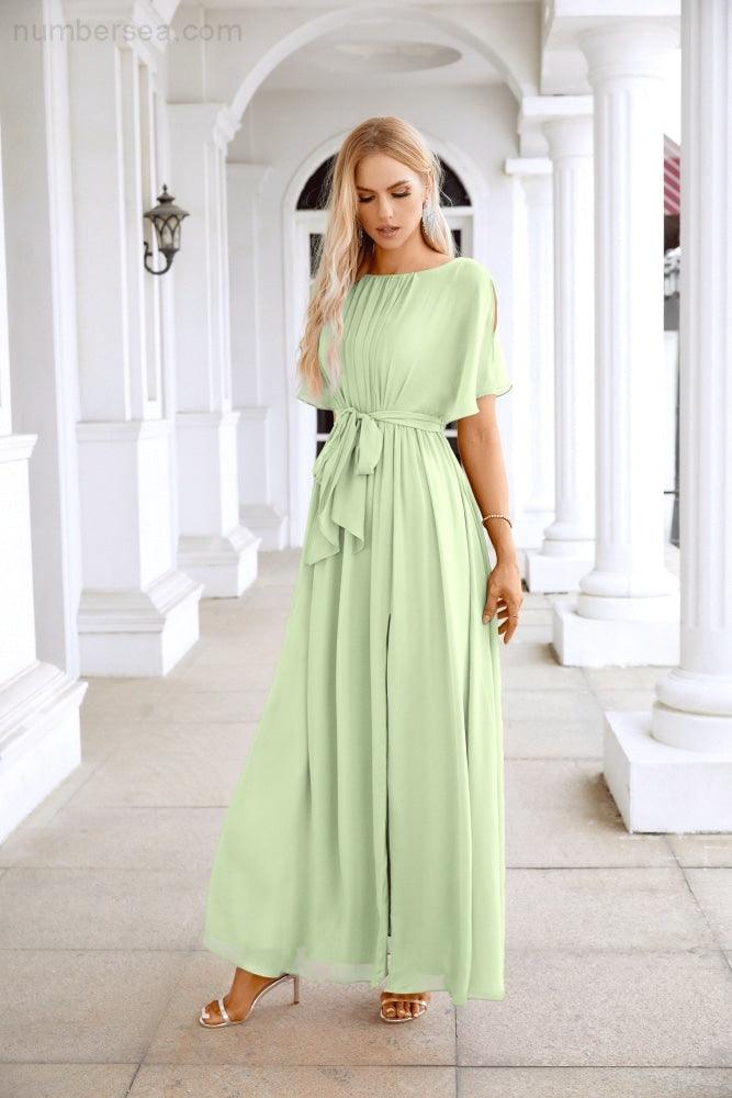 Ladies Chiffon Sleeve Crew Neck Front Slit Floor Length Bridesmaid Evening Dress Wedding Party Evening Dress 28124-numbersea