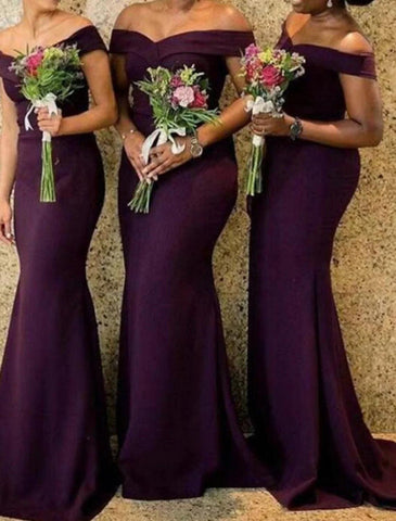 Meerjungfrau/Trompete Brautjungfernkleid, schulterfrei, kurze Ärmel, elegant, Sweep/Pinselzug, Stretch-Chiffon mit Volltonfarbe