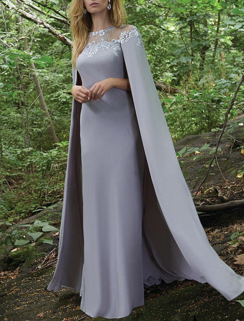 Etui-/Säulen-Abendkleid, elegantes Kleid, formeller Abend, bodenlang, kurze Ärmel, Illusionsausschnitt, Herbst, Hochzeitsgast, Stretchstoff mit Spitzeneinsatz, Applikationen