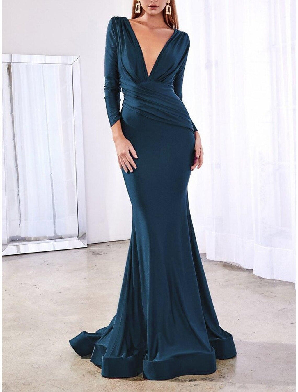 Vestido de noche sirena/trompeta Reformation Amante, vestido de novia para invitada de boda, formal, de noche, con cola de corte, manga larga, cuello en V, satén con elegante color puro