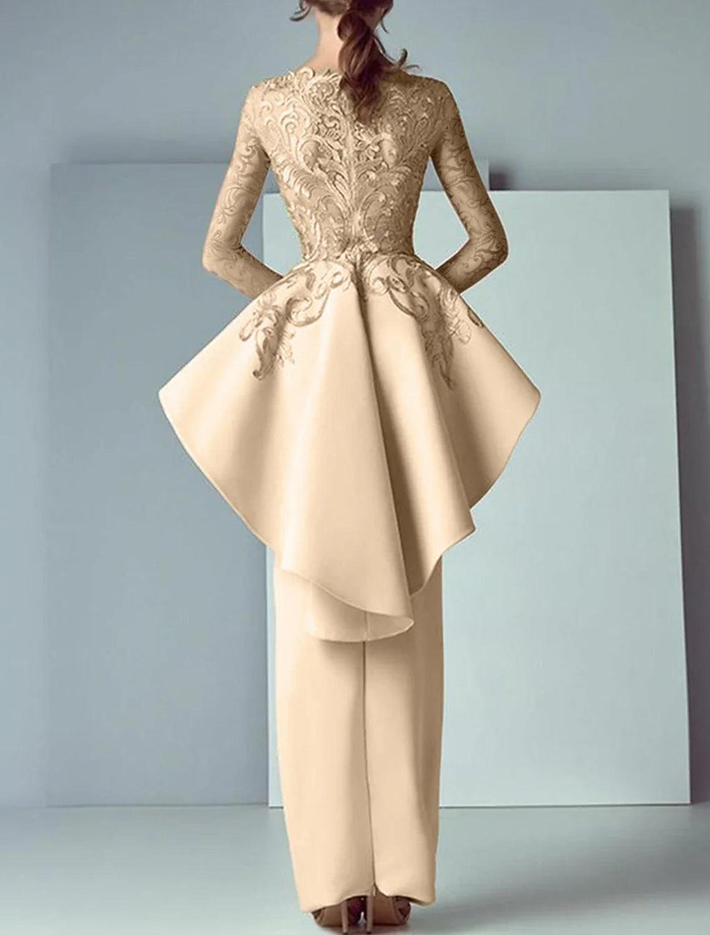 Etui-/Säulenkleid für die Mutter der Braut, formelle Hochzeitsgastparty, eleganter Rundhalsausschnitt, bodenlange Spitze, Stretchstoff, lange Ärmel mit Rüschenapplikationen