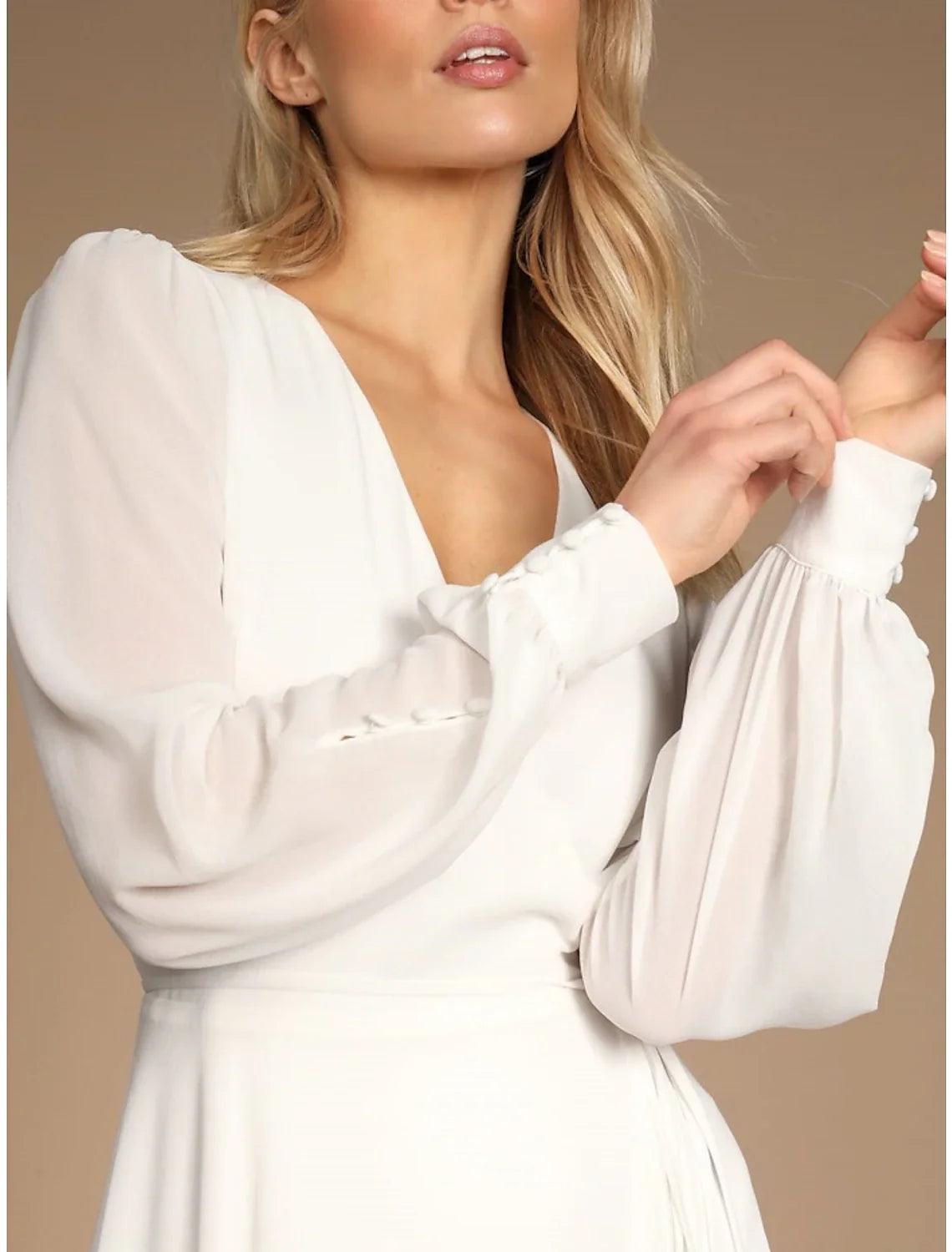Vestidos de novia de gasa con escote en V, manga larga, largo hasta el suelo y pliegues en la parte delantera.