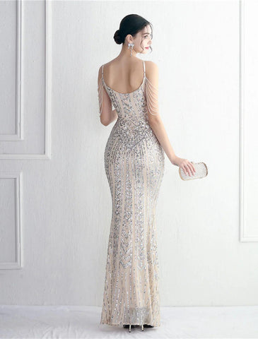 Meerjungfrau/Trompete Abendkleid Sparkle &amp; Shine Kleid Formeller Hochzeitsgast Bodenlang Kurzarm Spaghettiträger Polyester mit Perlen Pailletten