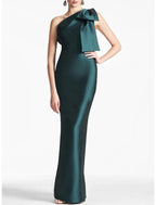 Satin Meerjungfrau Partykleid Abendkleid Champagner Schwarz Elegantes Kleid Formell Herbst Knöchellang Ärmellos Eine Schulter mit Schleife(n) Schlitz