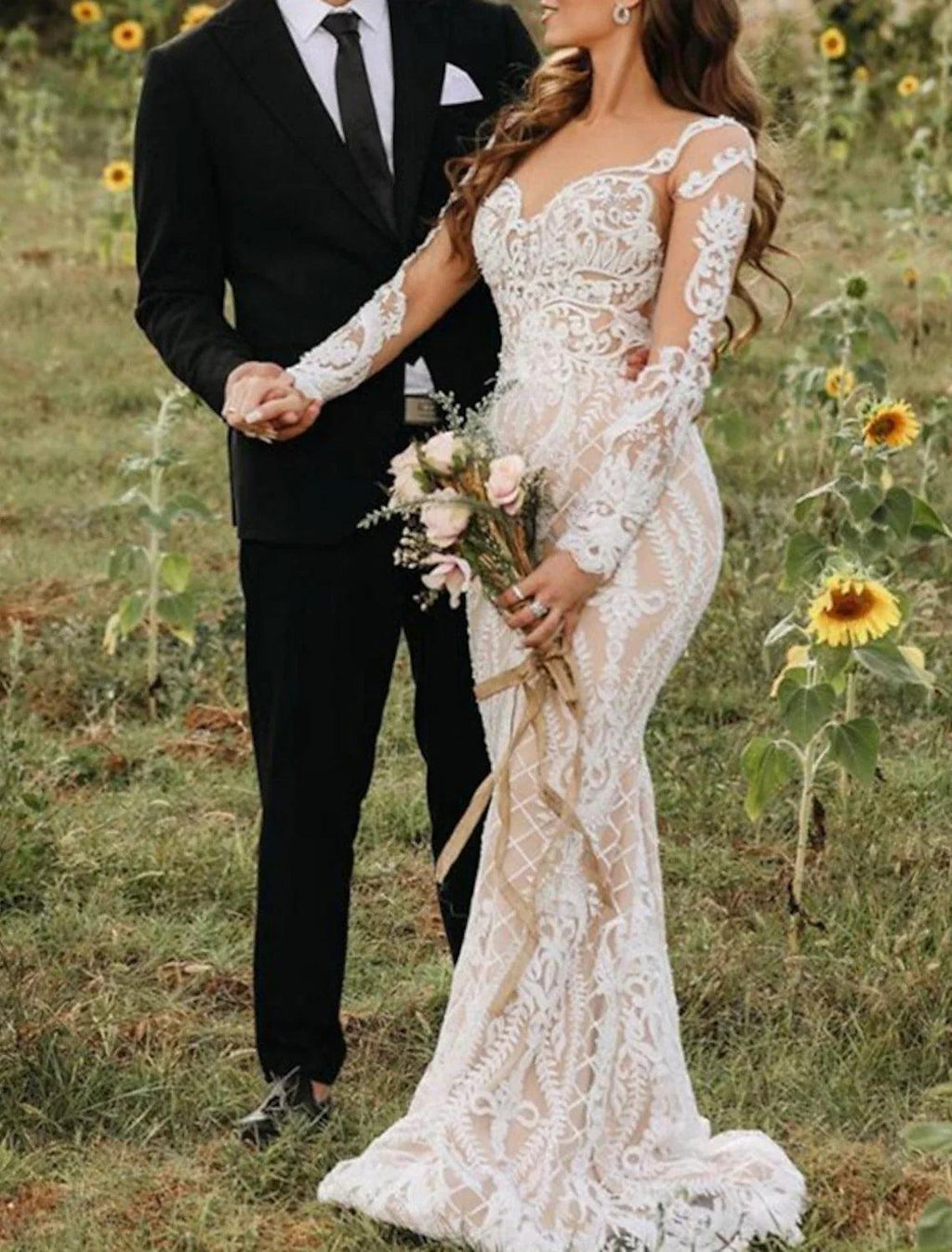 Vestidos de novia bohemios formales de compromiso, estilo sirena/trompeta, escote ilusión, manga larga, cola larga, encaje, con apliques