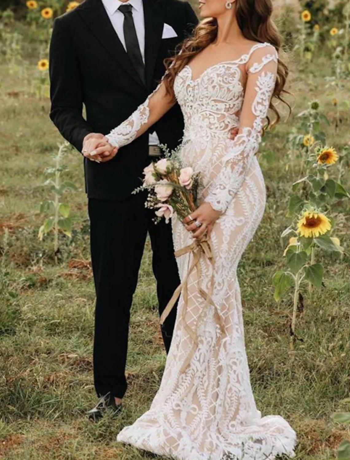 Vestidos de novia bohemios formales de compromiso, estilo sirena/trompeta, escote ilusión, manga larga, cola larga, encaje, con apliques