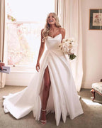 Wedding Dress A-Line White Sleeveless Satin With Side Slit