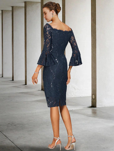 Vestido de dos piezas tipo tubo/columna para madre de la novia, elegante, con hombros descubiertos, largo hasta la rodilla, de gasa, encaje, imitación seda, manga 3/4 con lazo(s).