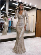 Meerjungfrau/Trompete Abendkleid Sparkle &amp; Shine Kleid Formeller Abschlussball Bodenlang Langarm V-Ausschnitt Pailletten mit Pailletten