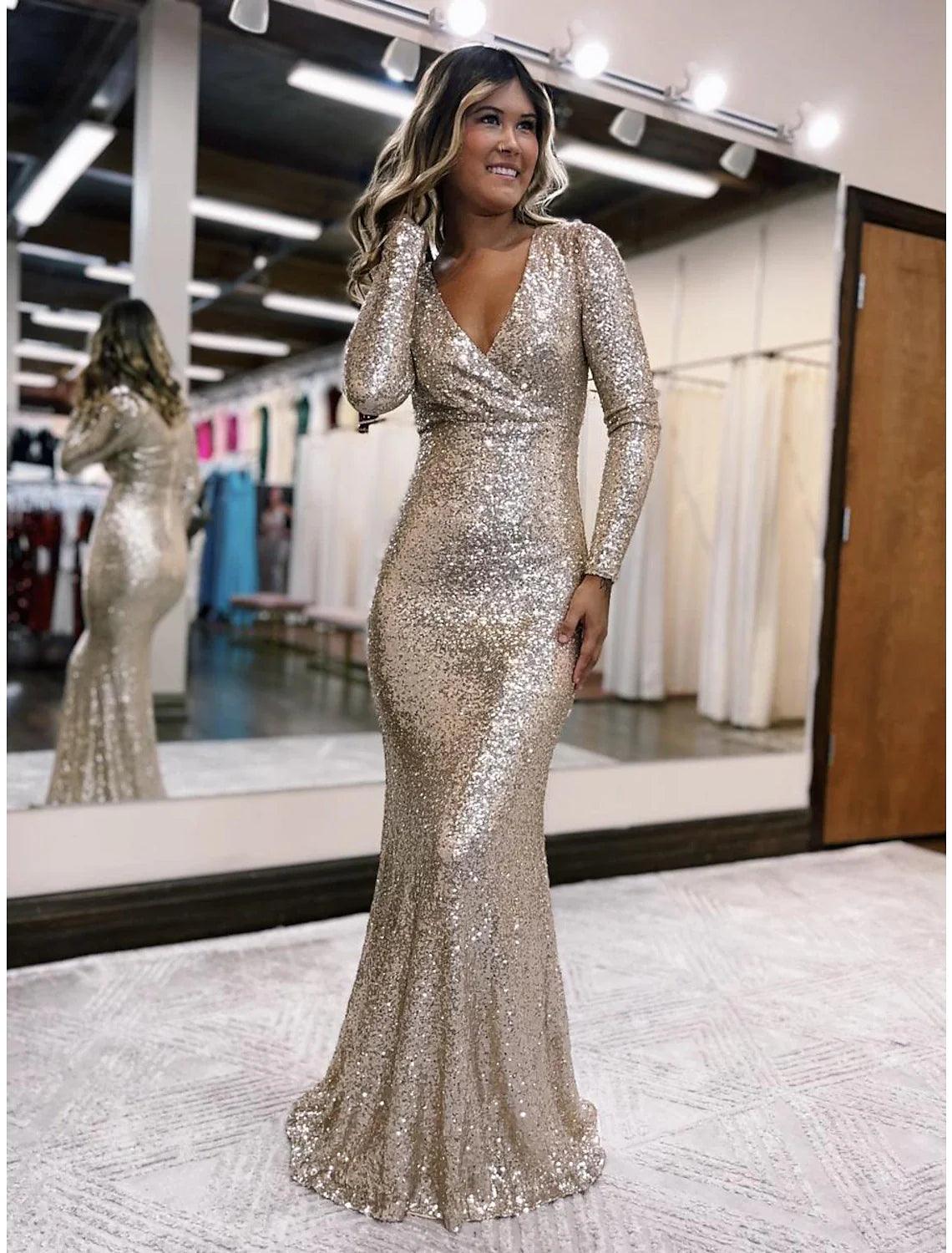 Meerjungfrau/Trompete Abendkleid Sparkle &amp; Shine Kleid Formeller Abschlussball Bodenlang Langarm V-Ausschnitt Pailletten mit Pailletten