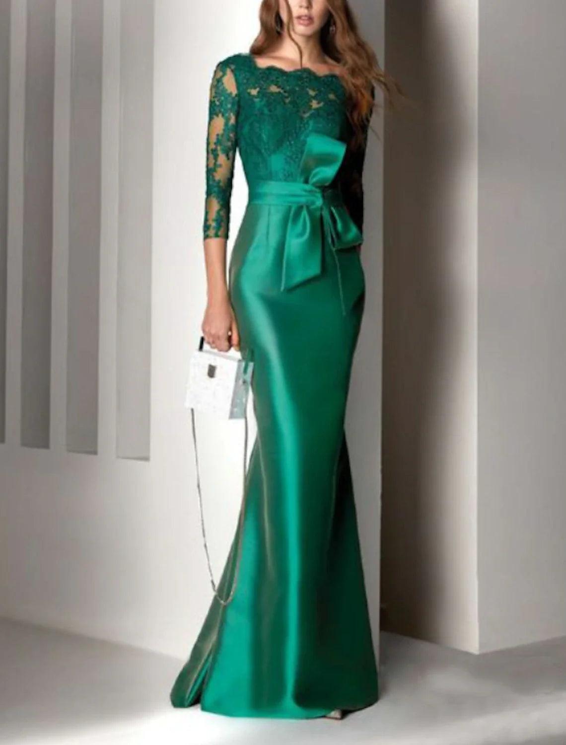 Mermaid Beautiful Back Elegant Christmas Red Green Dress Formal Evening Dress Scalloped Neckline V Back 3/4 Length Sleeve Floor Length Lace with Sash / Ribbon Embroidery