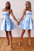Light Blue Spaghetti Straps Bowknot A-Line Cute Homecoming Dresses