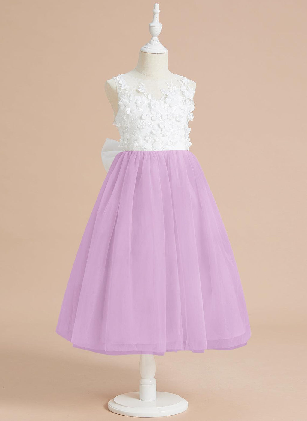 Vestido largo hasta la rodilla con encaje floral y lazo grande 