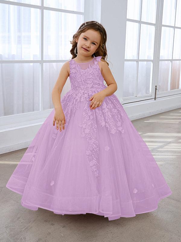 Vestido de princesa rosa para niña con apliques de encaje 
