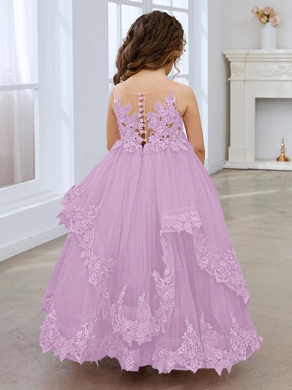Vestido de princesa de tul sin mangas con apliques de encaje y cola larga para niñas 