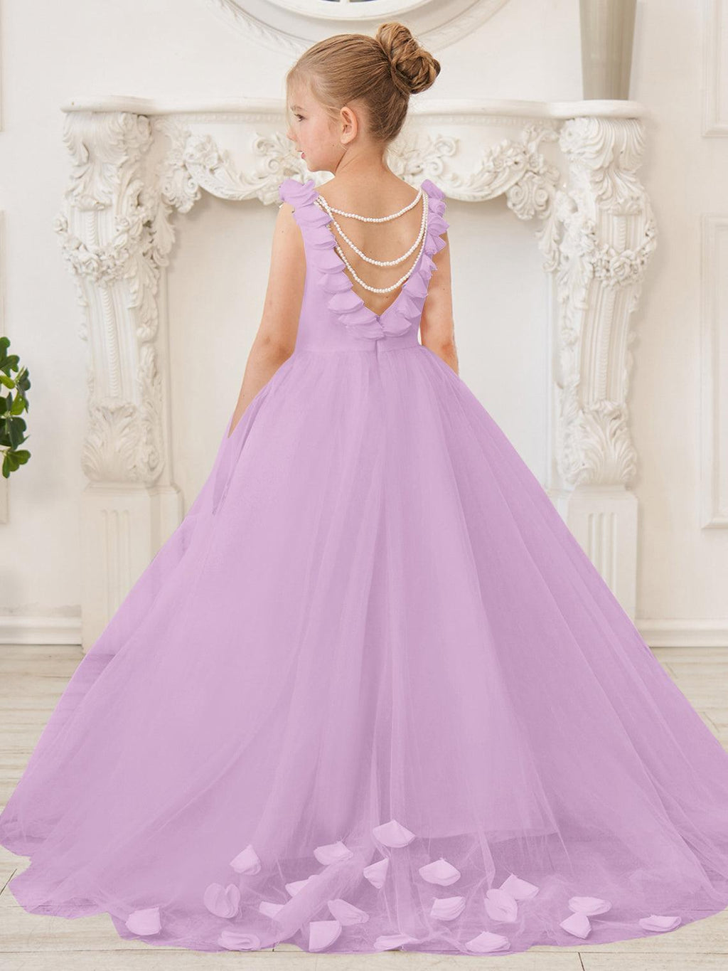 Elegante vestido de niña de las flores de tul blanco con cola larga 