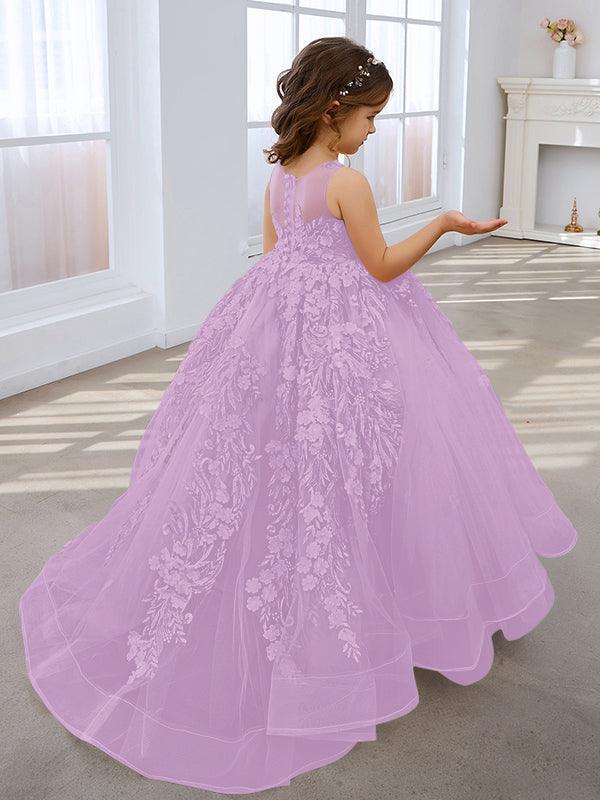 Vestido de princesa rosa para niña con apliques de encaje 