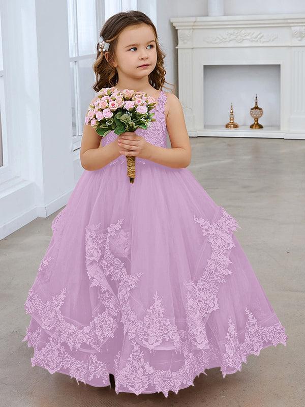 Vestido de princesa de tul sin mangas con apliques de encaje y cola larga para niñas 
