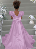 Kleid für Blumenmädchen mit Puffärmeln, Schleife, Knopfleiste hinten und Schleppe 