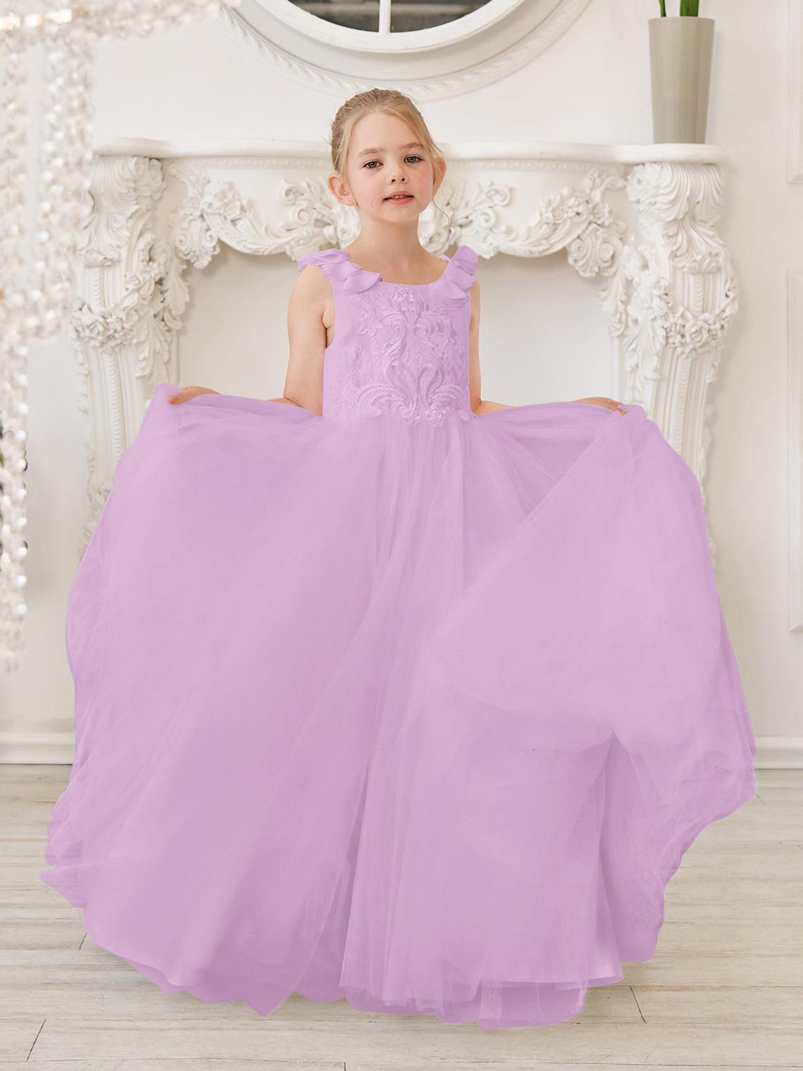Elegante vestido de niña de las flores de tul blanco con cola larga 