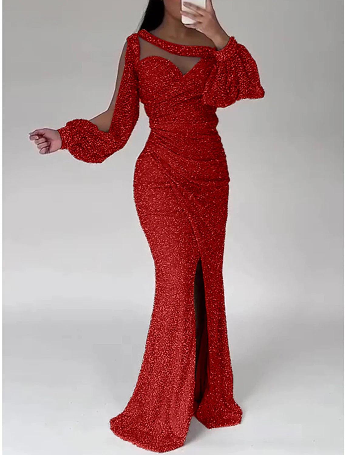 Meerjungfrauenkleid, Abendkleid, Weihnachten, Rot, Grün, Formales Kleid, Sweep/Pinselzug, Langarm, Rundhalsausschnitt, Pailletten mit Glitzer, gerüschtem Schlitz