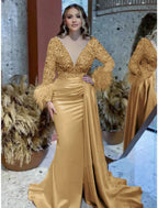 Mermaid Plus Size Dress Champagne Satin Evening Gown Sparkle Sequin Dress Walk Through Formal Wedding Court Train Long Sleeve V Neck with Feather Glitter Ruched