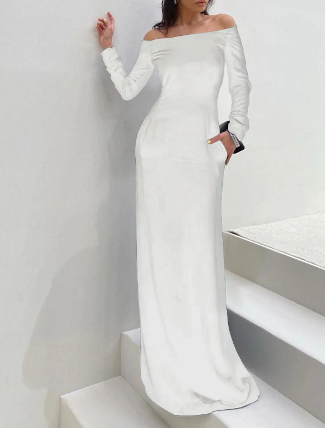 Etuikleid/Säulen-Abendkleid, minimalistisches Kleid, formeller Abend, bodenlang, langärmelig, schulterfrei, Herbst, Hochzeitsgast, Samt mit glattem
