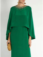 Sheath / Column Mother of the Bride Dress Formal Party Elegant Jewel Neck Ankle Length Stretch Chiffon Long Sleeve with Sequin Split Front