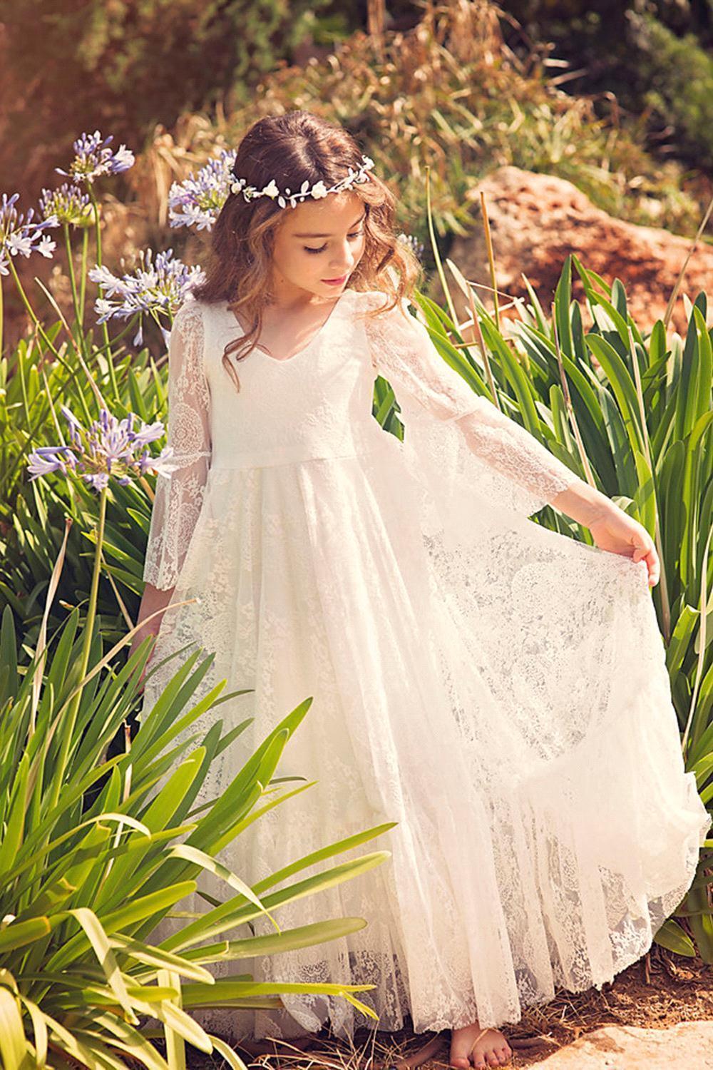 Vestido largo de niña de las flores con escote en V, encaje, apliques y mangas, corte A