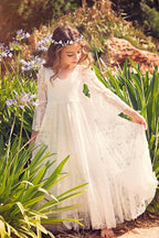 Vestido largo de niña de las flores con escote en V, encaje, apliques y mangas, corte A