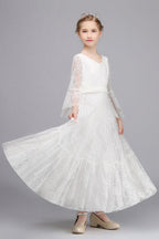 Vestido largo de niña de las flores con escote en V, encaje, apliques y mangas, corte A
