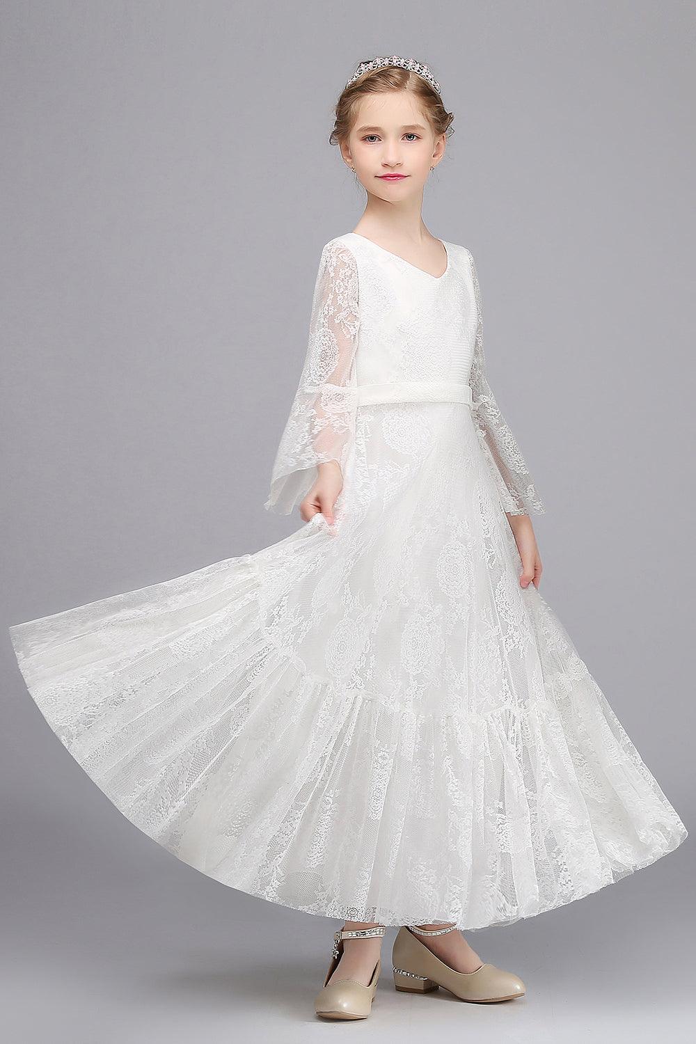 Vestido largo de niña de las flores con escote en V, encaje, apliques y mangas, corte A