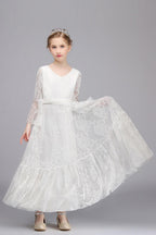 Vestido largo de niña de las flores con escote en V, encaje, apliques y mangas, corte A