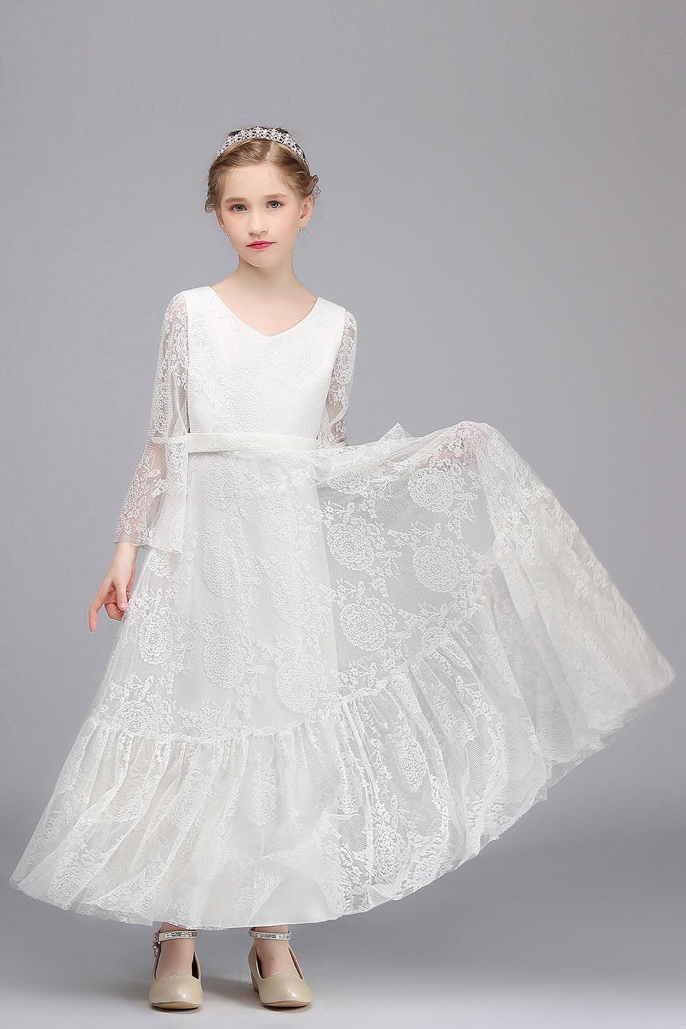 Vestido largo de niña de las flores con escote en V, encaje, apliques y mangas, corte A