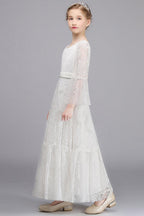 Vestido largo de niña de las flores con escote en V, encaje, apliques y mangas, corte A