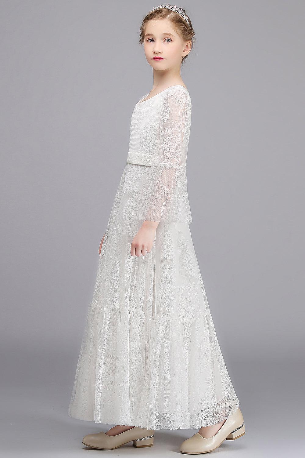 Vestido largo de niña de las flores con escote en V, encaje, apliques y mangas, corte A