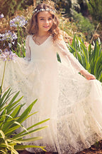 Vestido largo de niña de las flores con escote en V, encaje, apliques y mangas, corte A