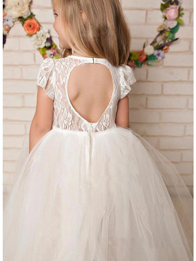 Lange A-Linie Spitze Satin Tüll Rundhals Hochzeit Blumenmädchenkleider