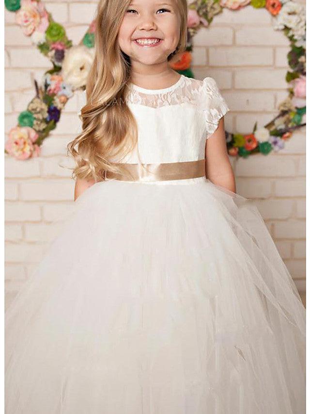 Lange A-Linie Spitze Satin Tüll Rundhals Hochzeit Blumenmädchenkleider