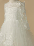 Long A-Line Lace Tulle Wedding First Communion Flower Girl Dresses with Sleeves