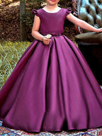 Long A-Line Satin Cap Sleeve Jewel Neck Pageant Flower Girl Dresses