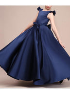 Long A-Line Satin Cap Sleeve Jewel Neck Pageant Flower Girl Dresses