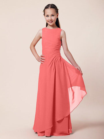 Long A-Line Sheath Flower Girl Dresses Bateau Neck Chiffon Junior Bridesmaid Dress