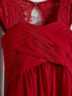 Long A-Line Square Neck Chiffon Junior Bridesmaid Dress With Lace Ruching