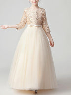 Long A-Line Tulle Jewel Neck Pageant Flower Girl Dresses With Sleeves